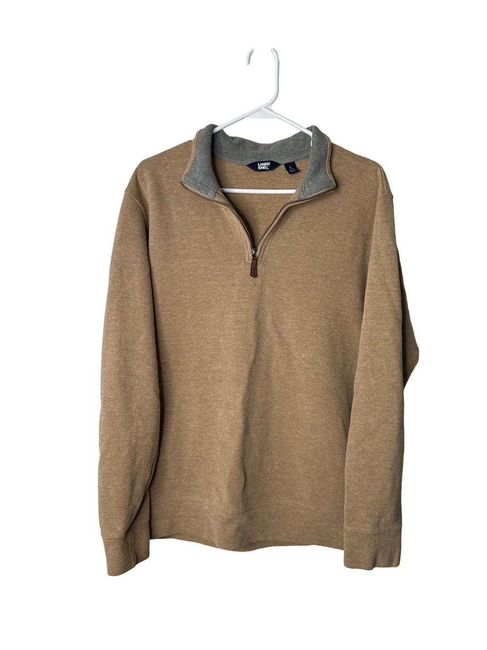 LANDS’ END Men's Bedford Sweater Rich Camel Heather Ribbed Quarter Zip Large